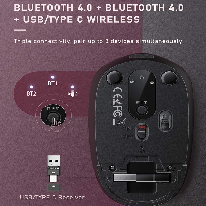 SeenDa Wireless Bluetooth Mouse 3-Mode Rechargeable Wireless Mouse Multi-Device Silent Cordless Mouse for PC Smart TV MacBook