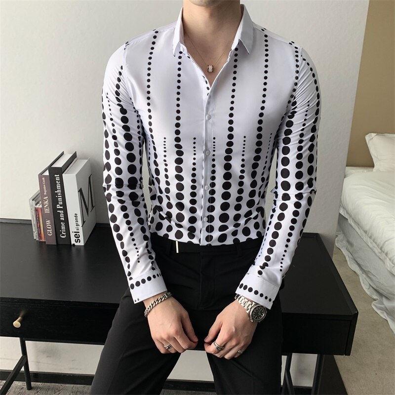 Koreanska herr prickade skjortor höst långärmad herrskjorta högtidskläder slim fit casual arbetsskjortor för herrkläder 3xl- m