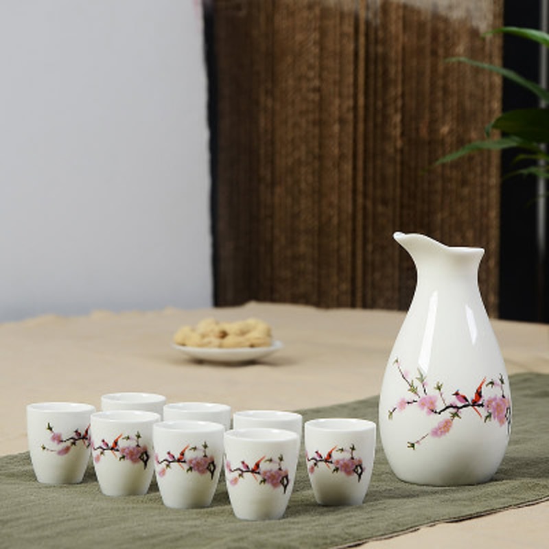 Set van 9 keramische sake potten, kannen, sterke drank, sterke drank, japanse sake wijnset, alcoholische drank, bar, drinkgerei, bekerset