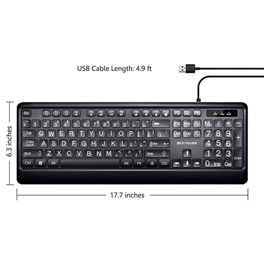 Large Font Print USB LED Backlit Keyboard 104 Keys Full Size Computer Keyboard for Seniors and Low Vision Individuals