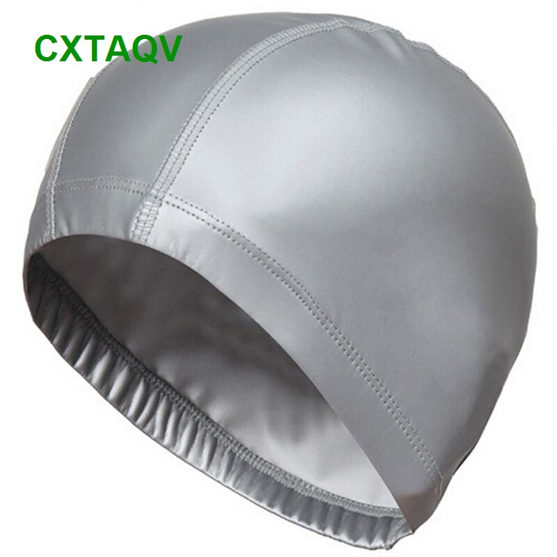 Comfortable Fit Adult Men Women Blank Swimming Cap Elastic Waterproof PU Fabric Protect Ears & Long Hair Swim Pool Hat: Silver