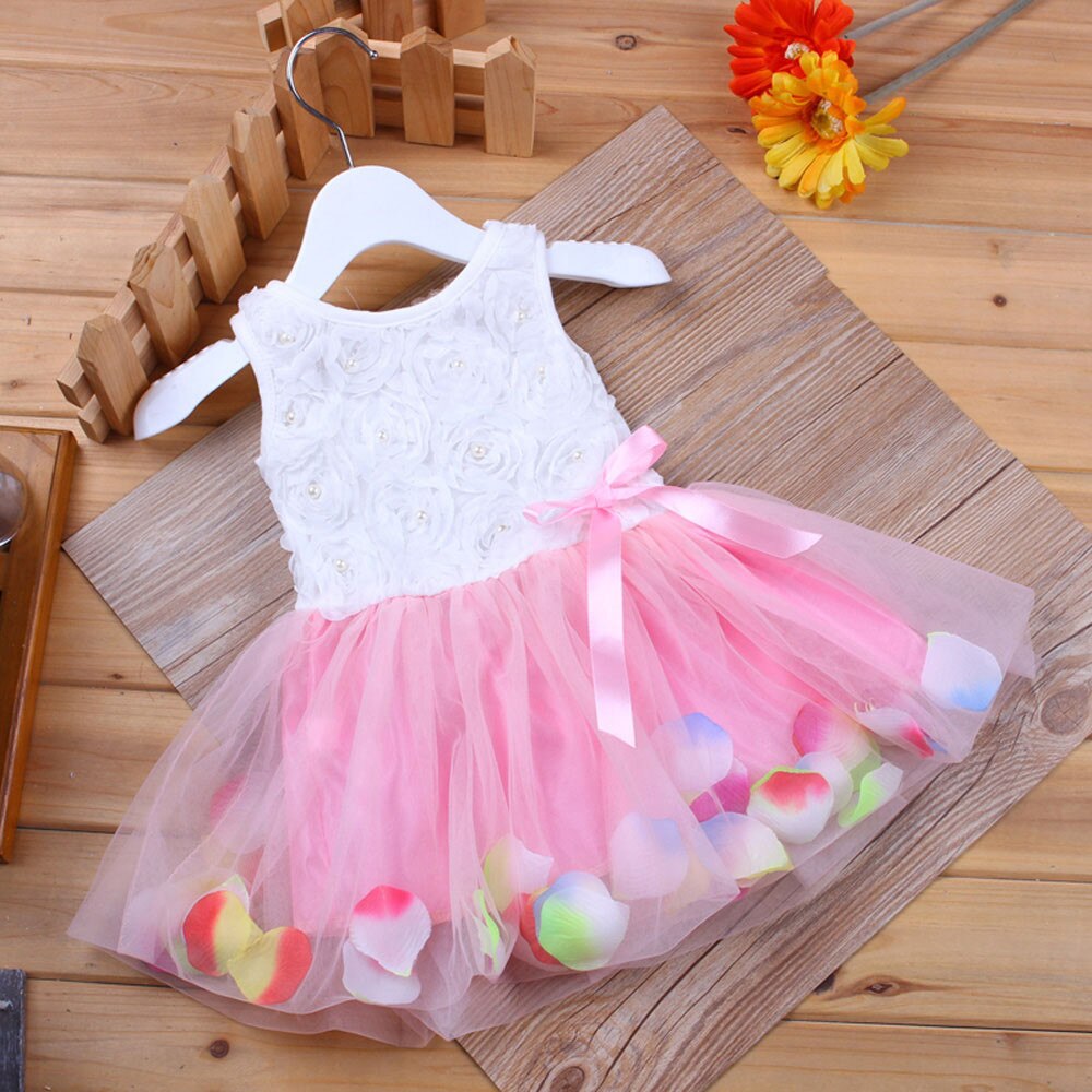 Småbørn spædbørn sløjfe tutu kronblade tyl kjoler baby piger blomster kjole outfits børn kjoler til piger tøj piger kjole pige: Lyserød / 4t