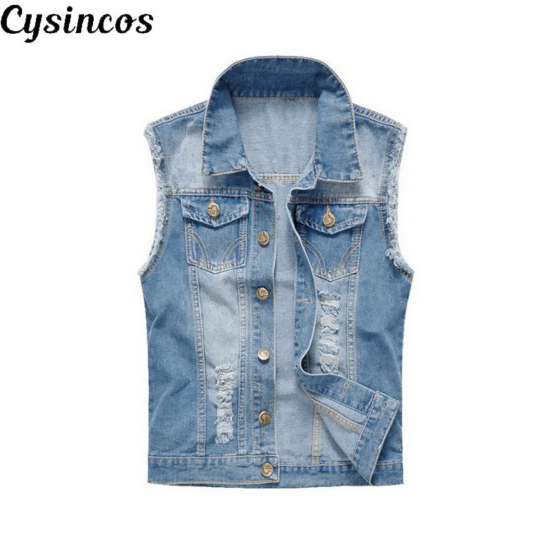 CYSINCOS chaleco vaquero ajustado chaleco vaquero rasgado Chaleco de mezclilla para hombre chaleco sin mangas Casual Chaleco de Jean para hombres 5XL