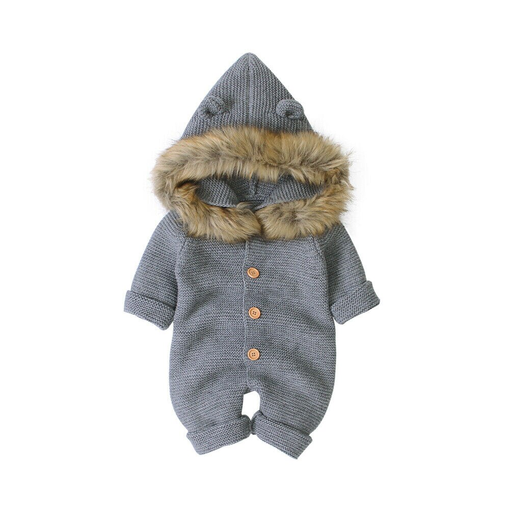 0-24M Baby Meisje Jongen Winter Rompertjes Kleding Gebreide Lange Mouwen Single Breasted Hoodie Romper Jumpsuit Outfits: Grijs / 6m