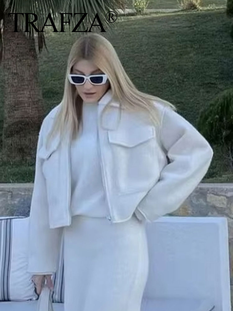 TRAFZA Jacke Für Frauen Herbst Solide Langarm Revers Mantel Vorderseite Tasche Reißverschluss Bomber Jacken Weibliche 2024 Streetwear