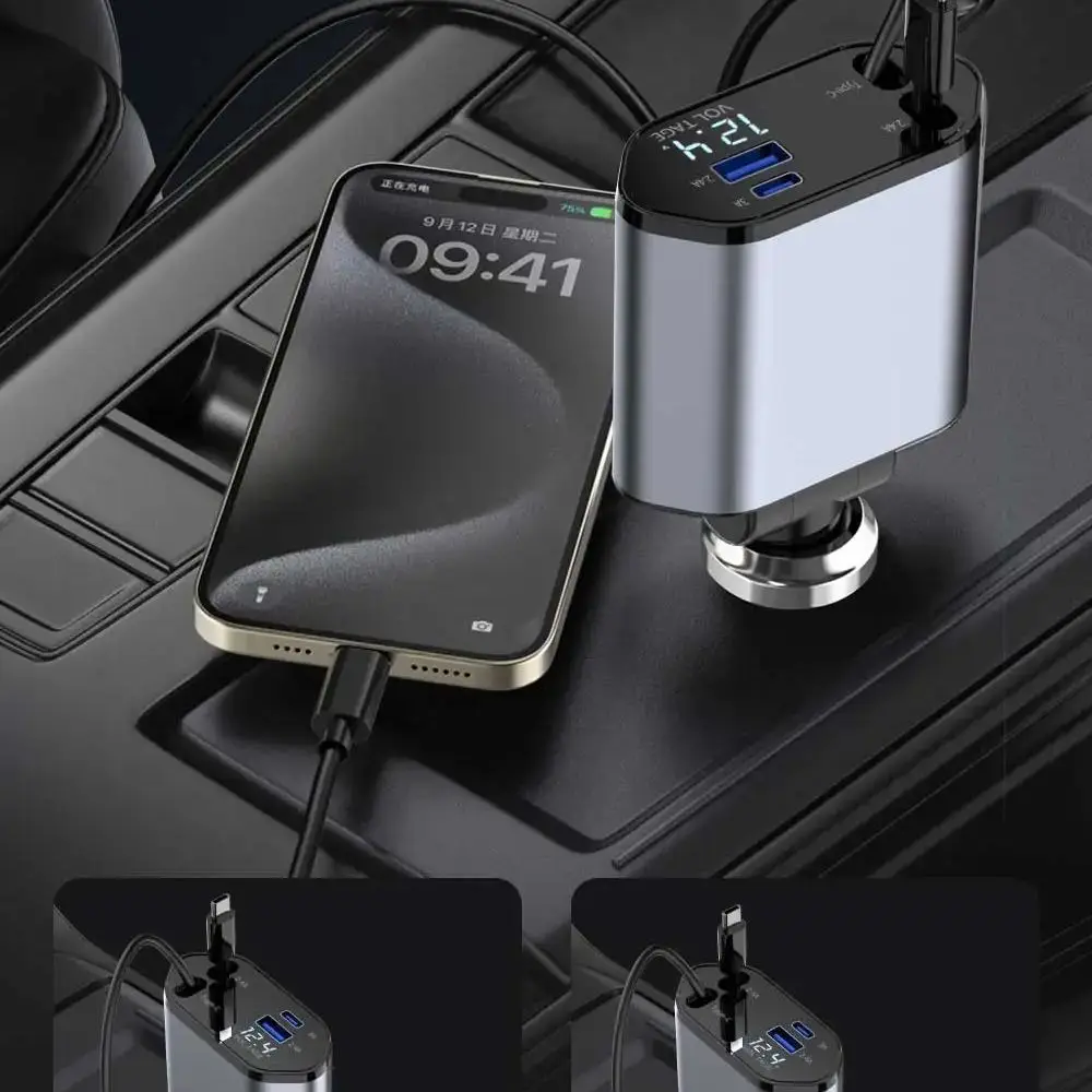 Intrekbare Autolader, 4 In 1 Snelladende Autolader 120W, Intrekbare Kabel En 2 Usb-Poorten Autolader Adapter Compatibel: Default Title