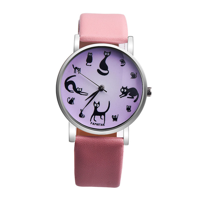Casual Watches Women Cute Cat Clock Ultra Thin Leather Band Female Quartz Watch Waterproof Relogio Feminino #C: E