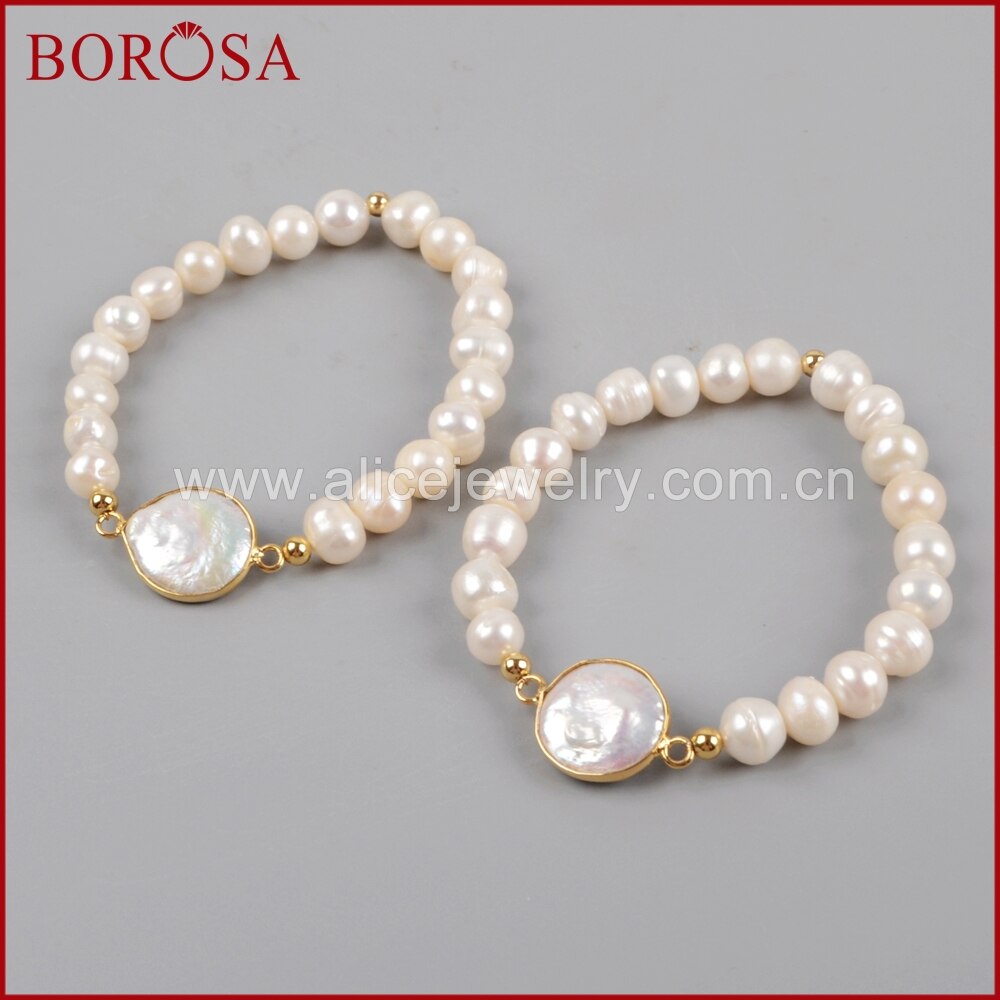 Borosa Handgemaakte Goud Kleur Natuurlijke Parel Kralen Armband Voor Vrouwen Meisjes Mode Edelstenen Sieraden G1407