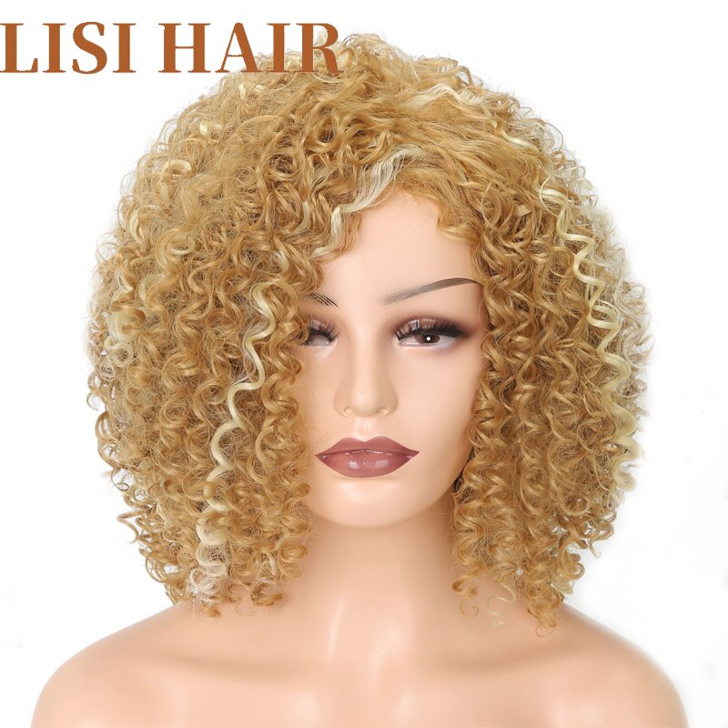 LISI HAIR Short Curly Hair Blond Brown Color Wigs For Black Women African Women Hairstyle Synthetic Hair High Temperature Fiber: 0444golden