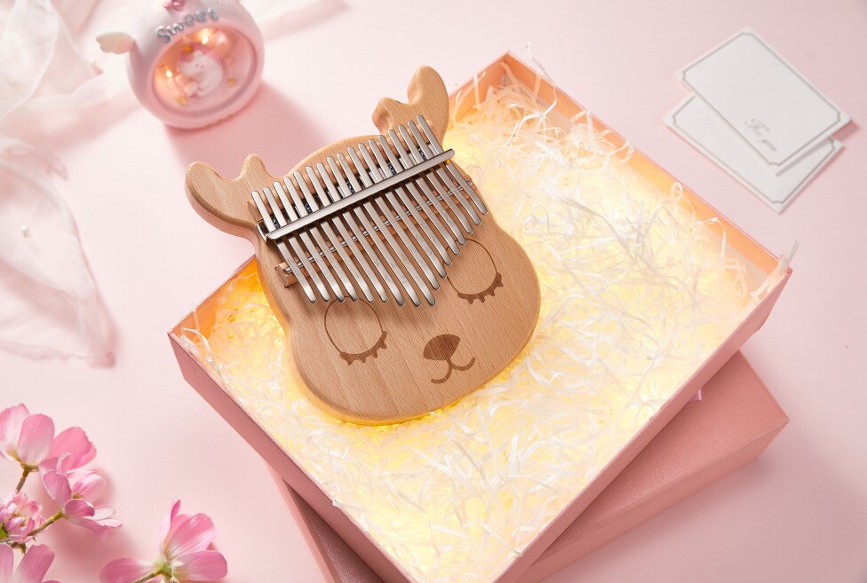 Piano de pulgar Kalimba de 17 teclas, Piano de dedo de madera acrílico transparente portátil, instrumento Musical para niños adultos principiantes: Wood Cute deer