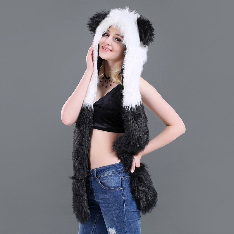 European and American panda hat scarf gloves all-match three-piece cartoon animal hat imitation fur scarf