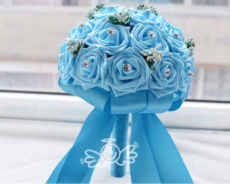 AYiCuthia Prachtige Handgemaakte Bruiloft bloemen Witte Bruidsmeisje Bruidsboeketten kunstmatige Rose Bruiloft Boeket S52: Blue