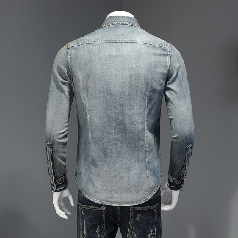 Denim Shirt Long Sleeve Men Casual Cotton Jeans Shirts Slim Fit Mens Solid Pocket Tops