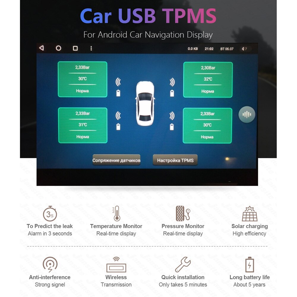 Usb android tpms bildæk trykovervågning med 4 eksterne sensorer overvågning alarmsystem 5v trådløs