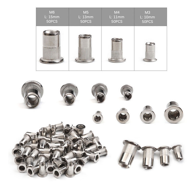 100PCS M3 M4 M5 M6 Stainless Steel Flat Head Rivet Nuts Set Insert Reveting Multi Size Stainless Steel Rivet Nut Set