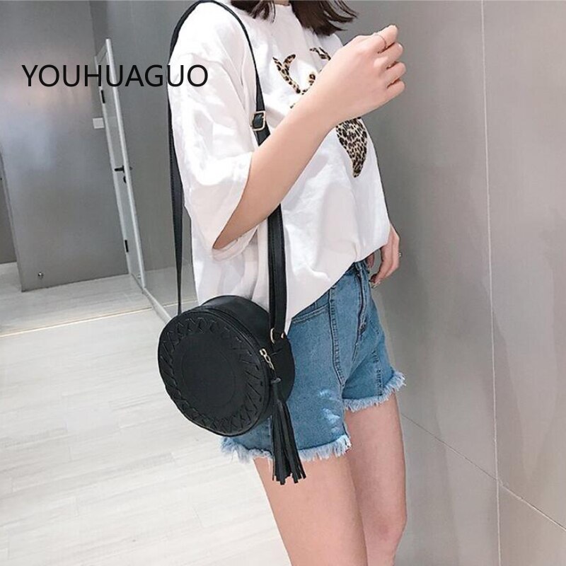 YOUHUAGUO Women shoulder bag round Weave bag female handbag small crossbody bags for Girls PU leather tassel purse