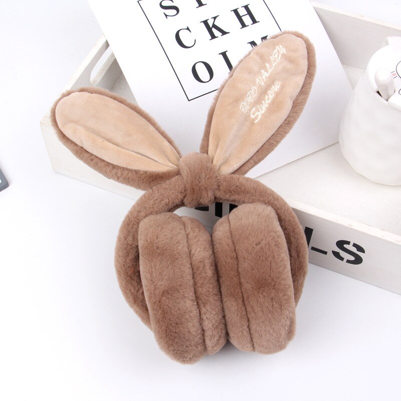 Oreilles de lapin en peluche pliables pour femmes, protège-oreilles tendance populaire, résistant au froid et , automne et hiver: Brun foncé