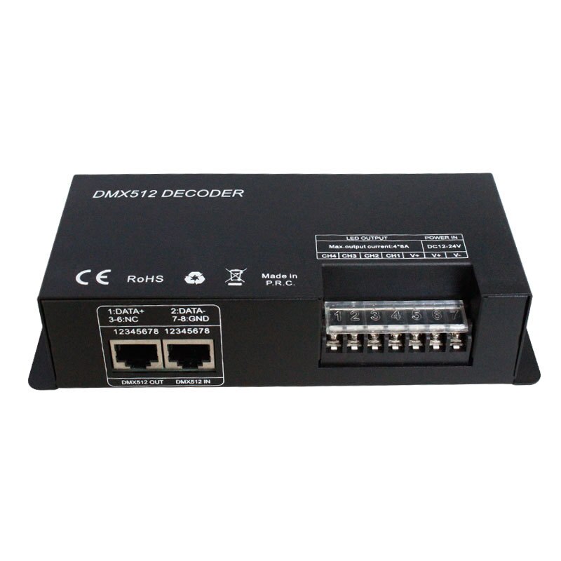 4CH DC12-24V RGBW DMX 512 Decoder LED Controller, RGB LED DMX512 Decoder 4 Channel x 8A for LED Strip Light