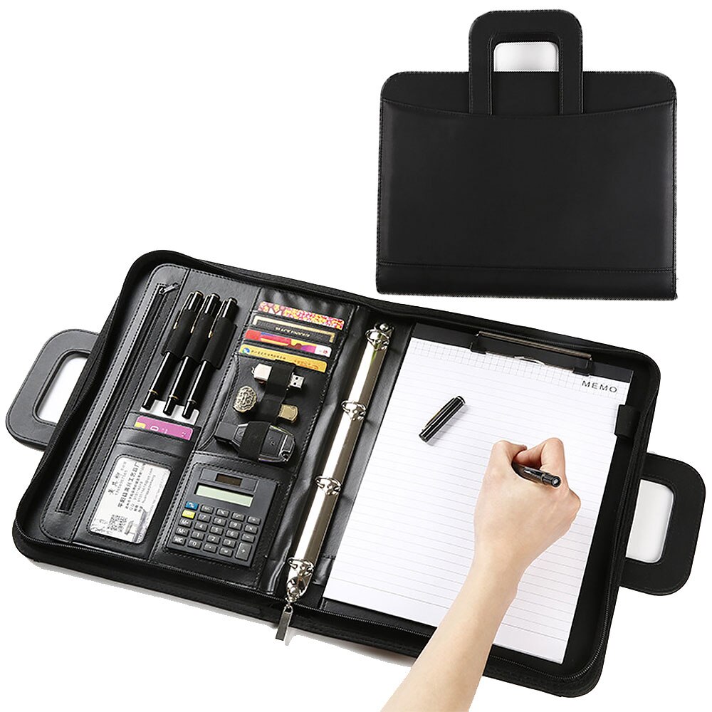 Portafolio de negocios A4 con mango retráctil, carpeta de cuero Pu, archivador con calculadora con cremallera, organizador de Notbook: Black-A