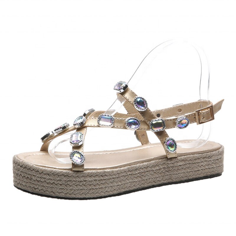 Open teen strappy slingbacks platte sandalen met grote strass steentjes voor dames met hoog platform: Beige / 42