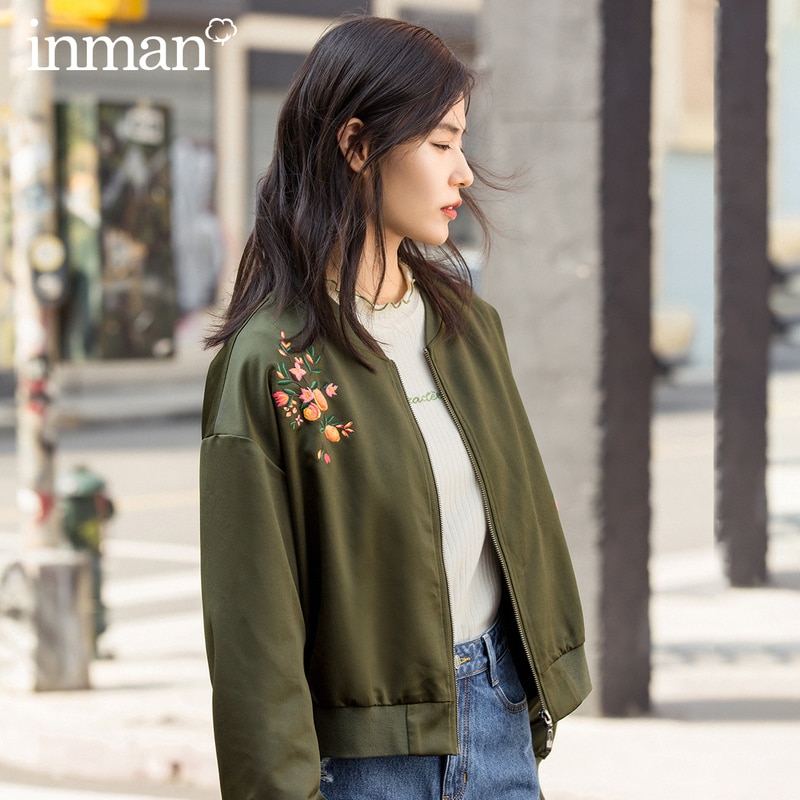 Inman Winter Mode Baseball Kraag Print Dropped Schouder Mouw Rits Wapenrok