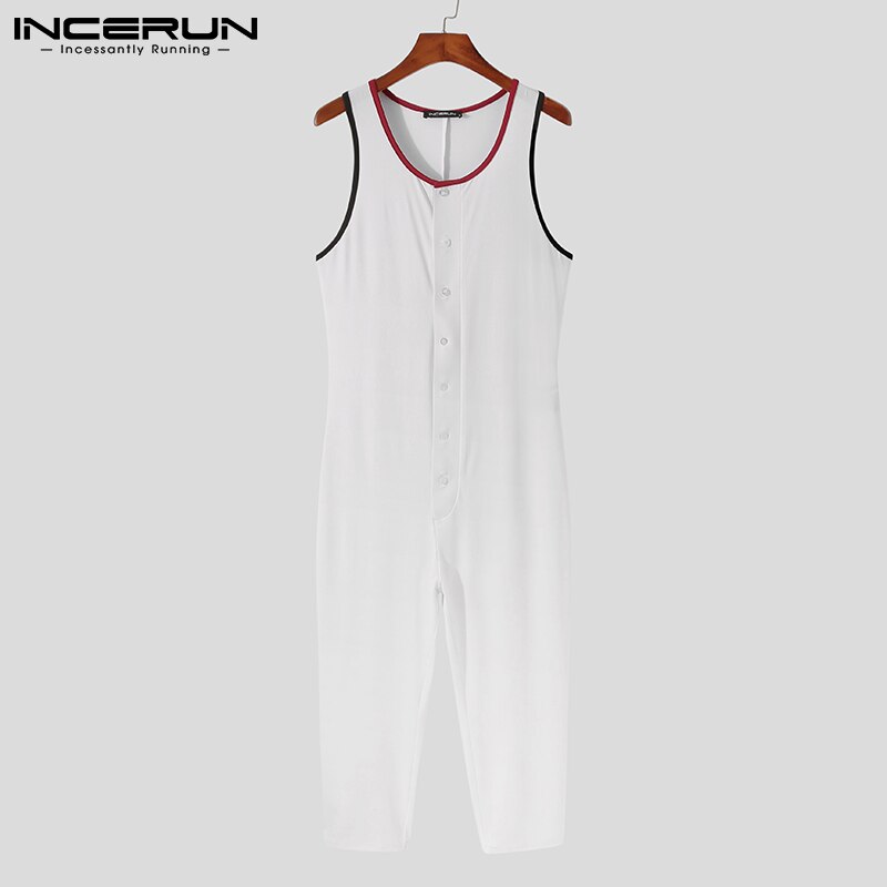 Summer Men Pajamas Jumpsuits Patchwork Sleeveless Button Homewear 2022 Fitness Rompers Cozy O Neck Leisure Men Nightwear INCERUN