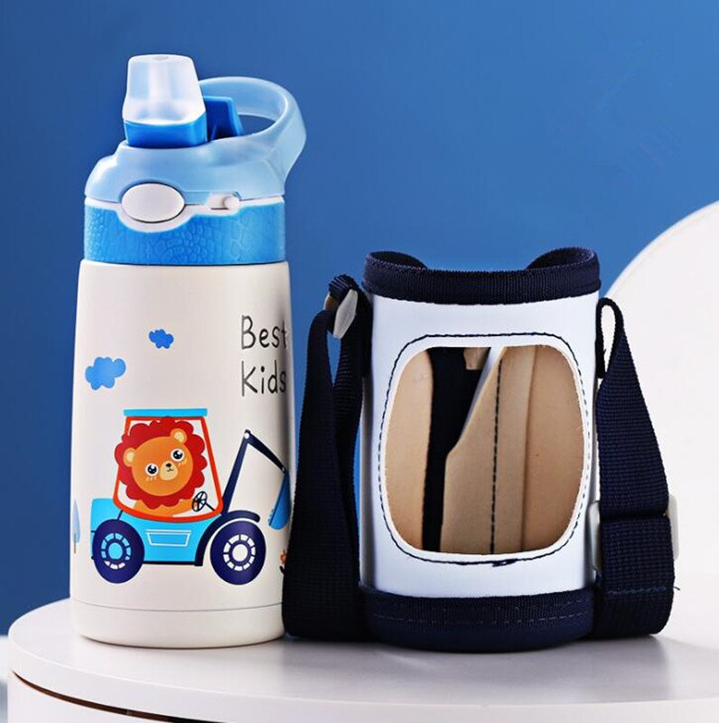 Bouteille d&#39;eau Thermos pour enfants de 400ML, tasse Thermos pour enfants, bébé canard, paille à billette, flacons sous vide en acier inoxydable 316, gobelet, tasse thermique: Blue with bag