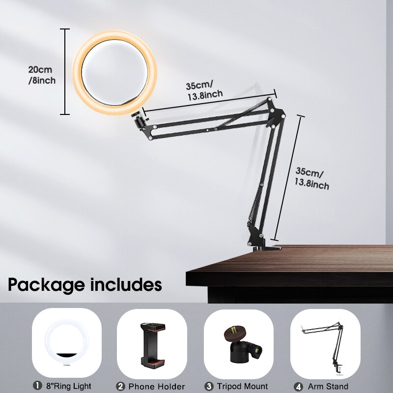 Mic Boom Desk Arm Stand with Phone Holder, Boom Suspension Stand Adapter Clip for Microphone Smartphone Tablet Ring Light: 8inchRL