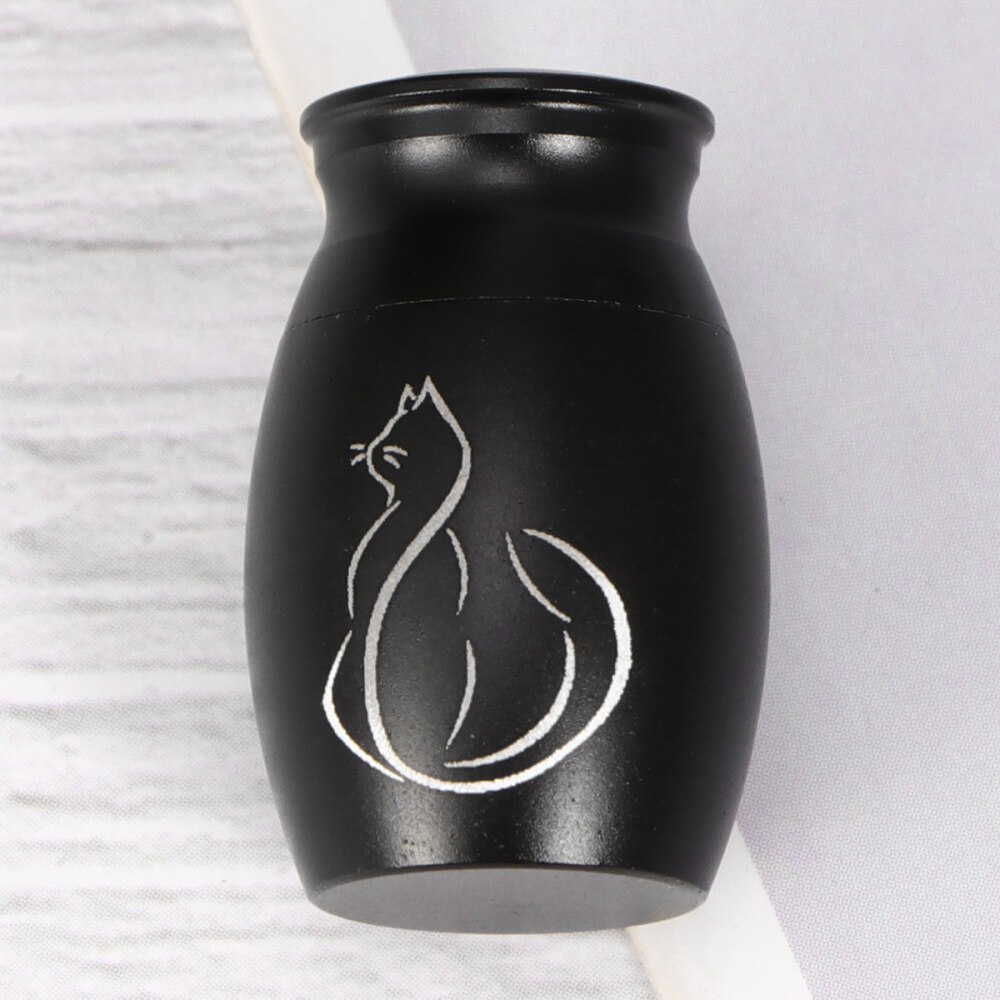 Pot d'urne funéraire en acier inoxydable pour animaux de compagnie contenant d'urne imprimé chaton avec couvercles à vis d'ouverture (noir)