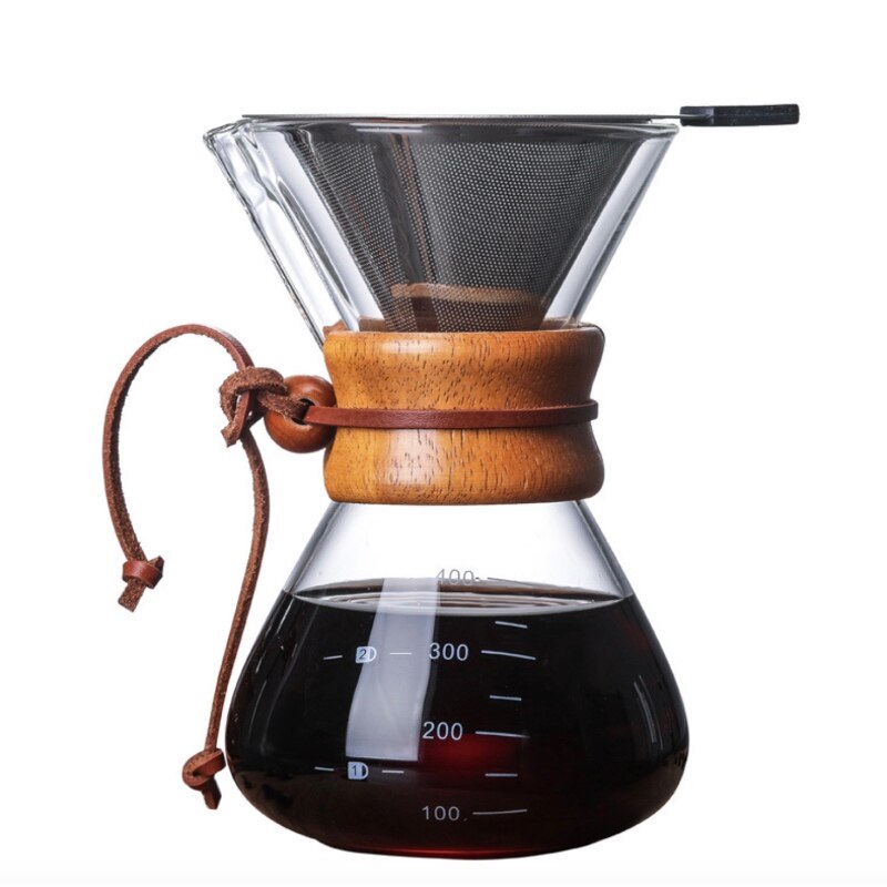 High-Temperature Resistant Glass Anti-Scald Wooden Handle Coffee Maker Coffee Pot with Stainless Steel Filter Home Machine: 002