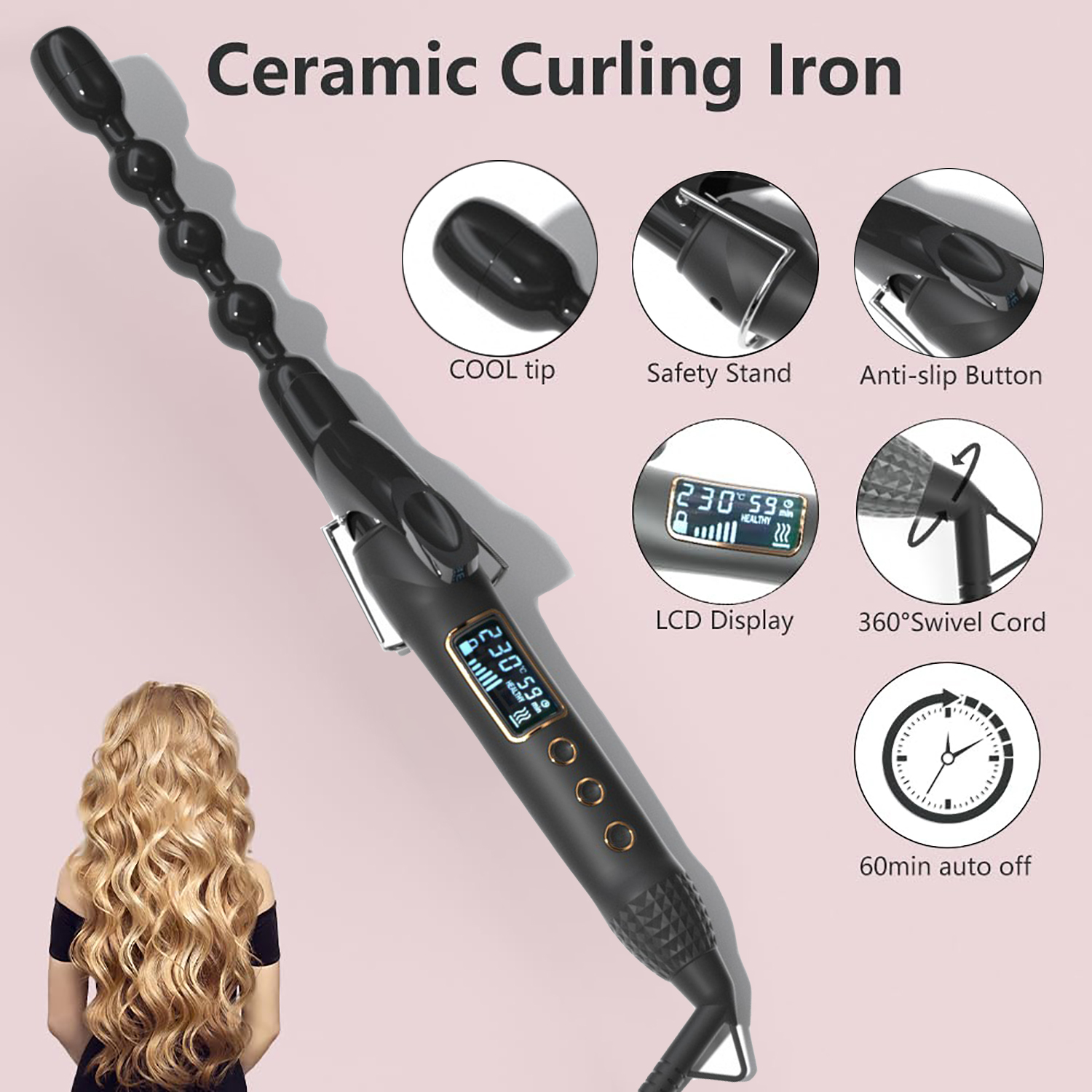 Ceramic Spiral Curling Iron Gourd Curling Wand Deep Curly Hair Styler Curls Magic Hair Curlers Bead Wave Machine LED Display