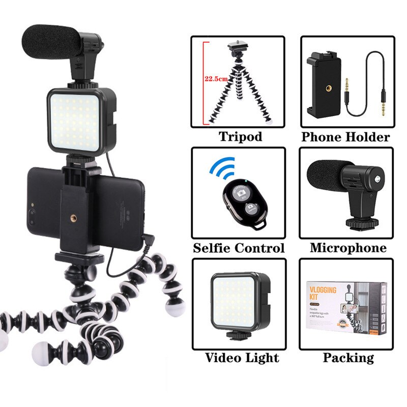KIT-03LM DSLR SLR Phone Vlog Tripod Vlogging Kits Live Selfie Fill Light Integration with Remote Control Microphone LED Light