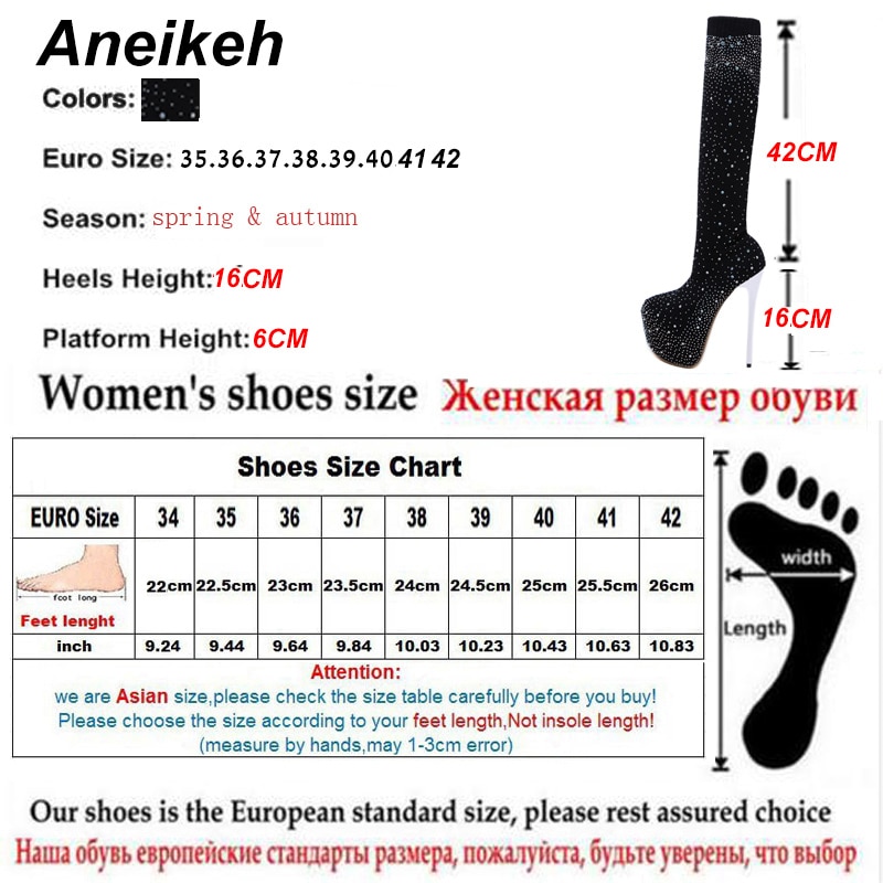 Aneikeh pasarela cristal calcetín de tejido elástico plataformas botas puntiagudas sobre la rodilla 16CM talón muslo alto club nocturno