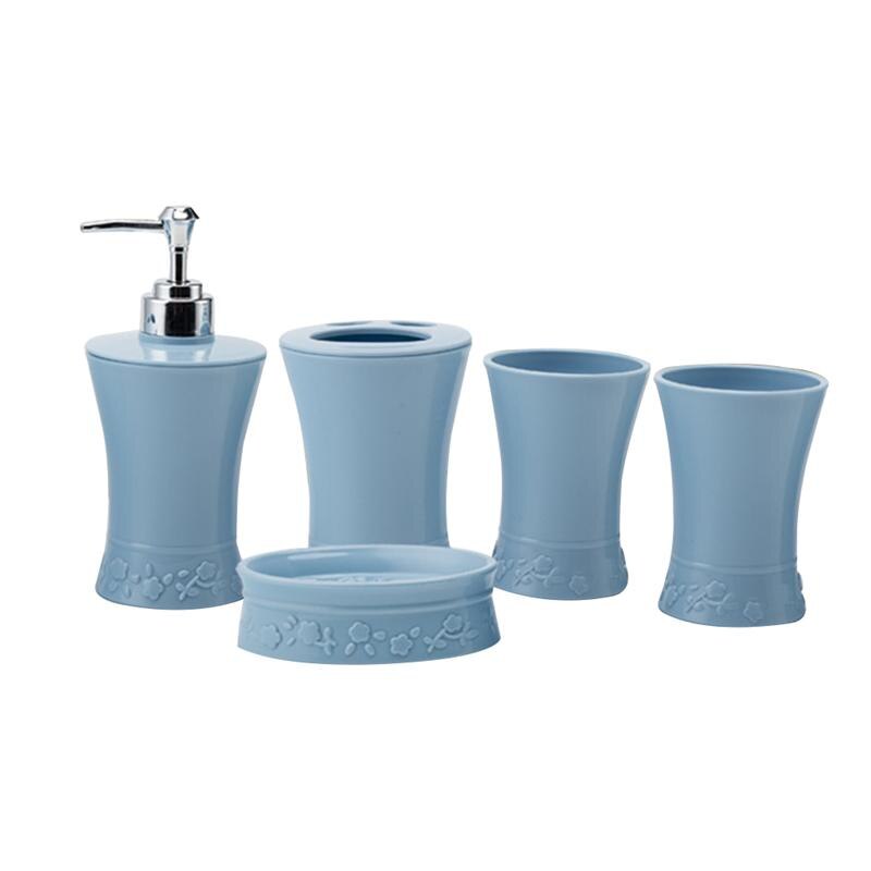 5 stk / sett plast badetilbehør kit kopper tannbørste holder såpeskål dispenser badedrakt såpedispenser badesett: Blå