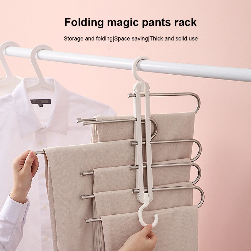 5-in-1 Drying Rack Hanger Wardrobe Finishing Double Hook Stainless Steel Folding Pants Rack Five In One Dual Drying Rack Hanger