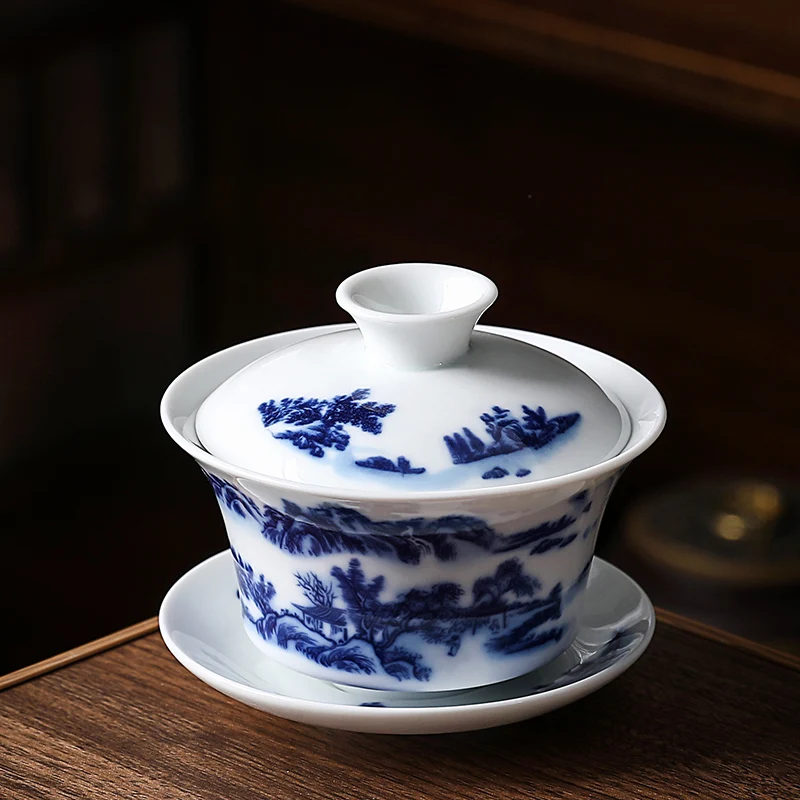 Chinese Blue and White Porcelain Gaiwan Portable Travel Tea Bowl Home Ceramic Teacup Handmade Teaware Personal Single Cup 140ml: A3