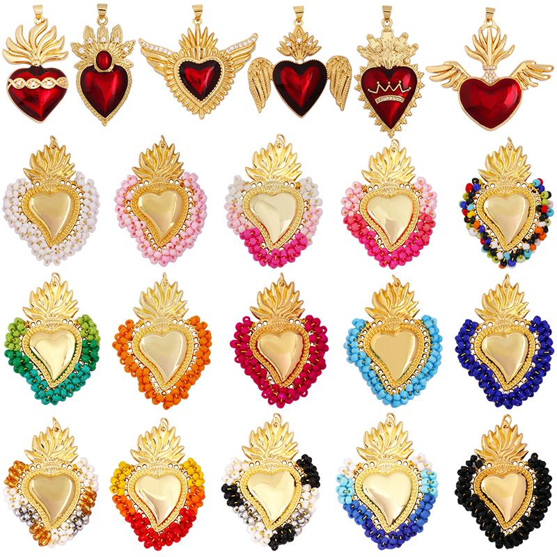 Colgante con dije de corazón de amor victoriano rojo sagrado fino a la , cuentas de cristal de semillas coloridas de estilo bohemio, suministro de collar de joyería L95