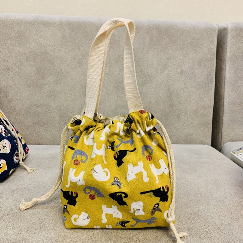 Japanse lunchbox tas cartoon schattige bedrukte canvas stof trekkoord werkende lunchtas: Hg010