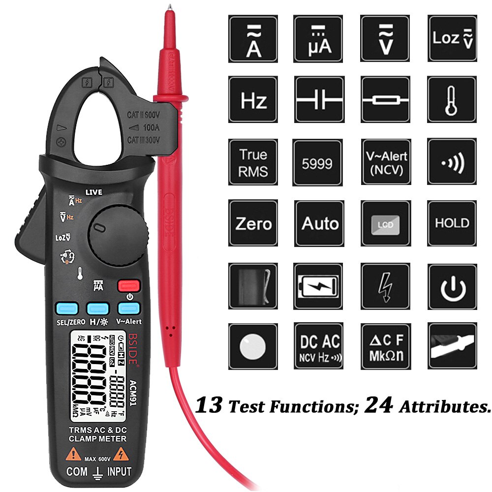 Bside Dc Ac Stroomtang ACM91 T-Digitale Ampèremeter Multimeter Nauwkeurigheid 1mA 100A Auto Stroom Voltmeter Capaciteit Temp Tester