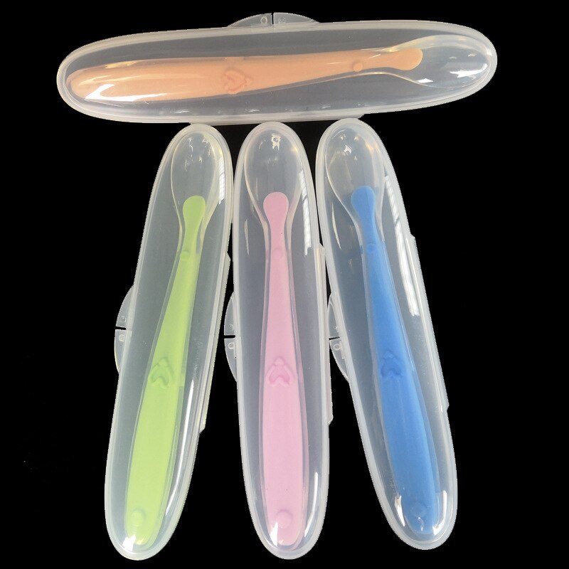 1Pcs Non-slip Baby Spoon+Storage Box Multicolor Baby Training Spoon Baby Feeding Tableware Liquid Silicone Spoon Box