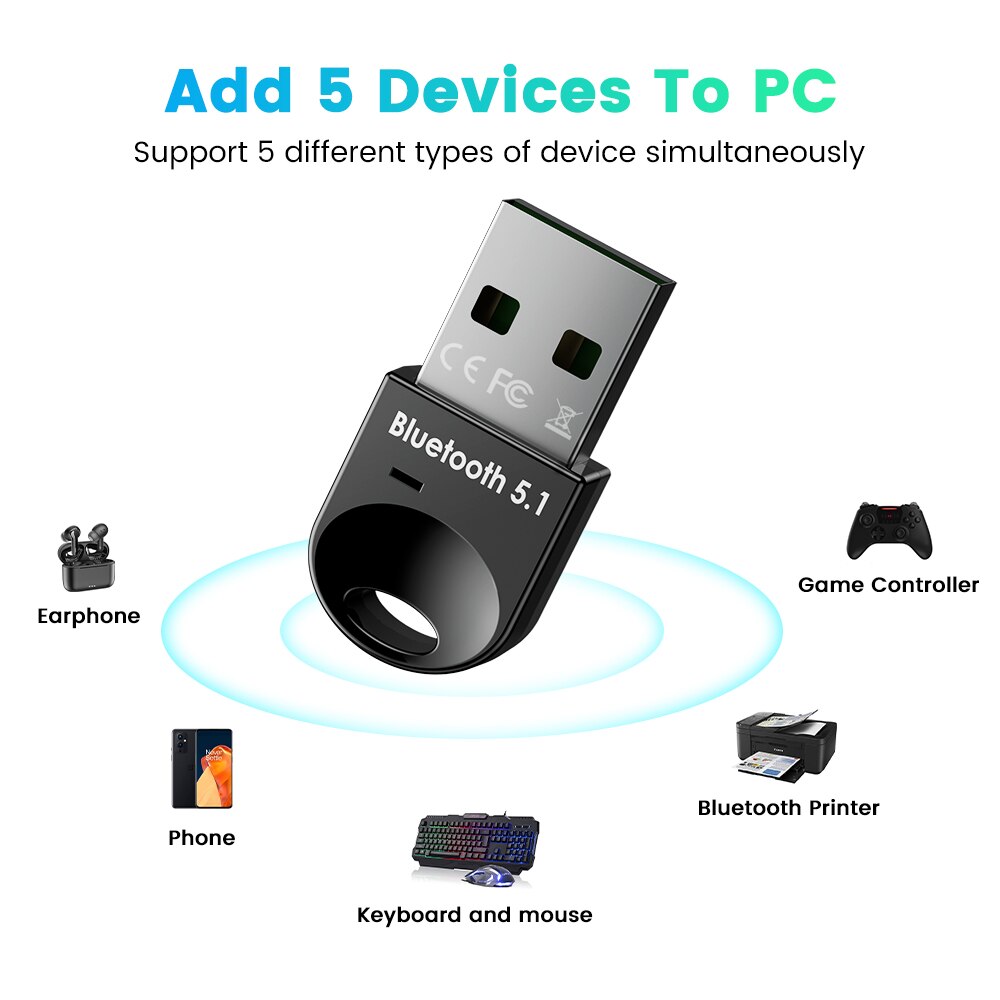 5.1 Bluetooth Adapter USB Bluetooth Receiver Win8/8.1/10/11 Driver-Free  Support Multiple Devices Simultaneous Connection