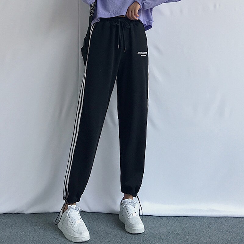 Sweatpants Women Sports Pants Joggers Streetwear Side Stripes High Waisted Drawstring Hem Trousers For Women Jogging Sportswear