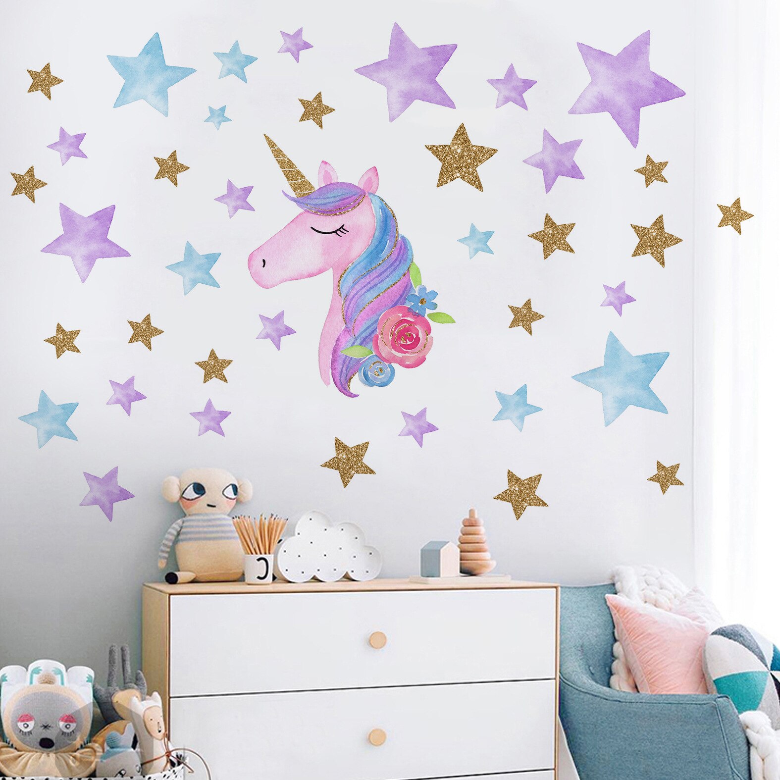 Pegatina de pared de unicornio dorado para habitación de niños, pegatina decorativa de dibujos animados, calcomanía de unicornio de estrella, fondo extraíble, decoración de pared