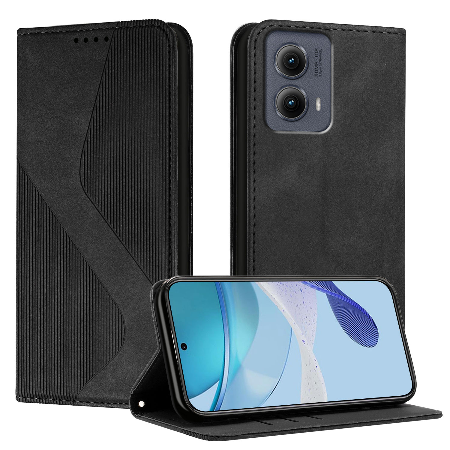 Fundas de cuero con tapa magnética para Motorola Moto G85 5G, funda para Moto G55 G45, funda para Moto G35 G75: ABS / Negro