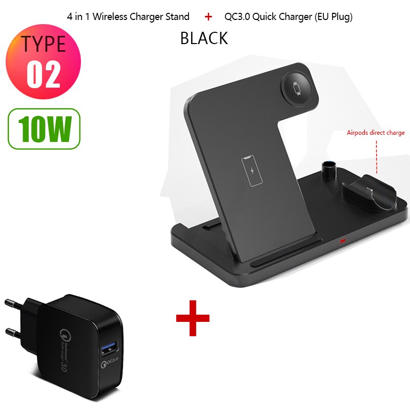 4in1 15W Wireless Charger Fold Stand for Apple Watch 5 4 3 2 iPhone 11 Airpods Pro Pencil Multifunction Wireless Charging Holder: Type2 10W Black Q3.0