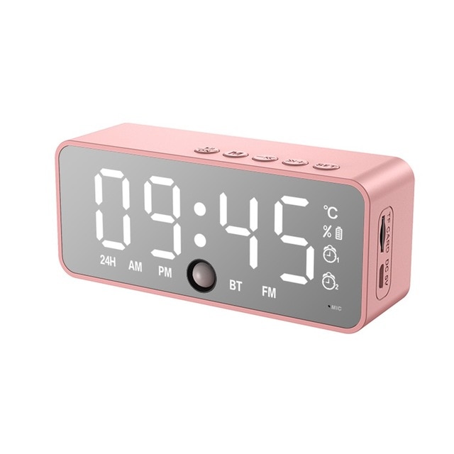 Led Mirror Alarm Clock Digital Snooze Table Clock Wake Up Light Temperature Display Home Decoration Wireless Bluetooth Speaker: Pink