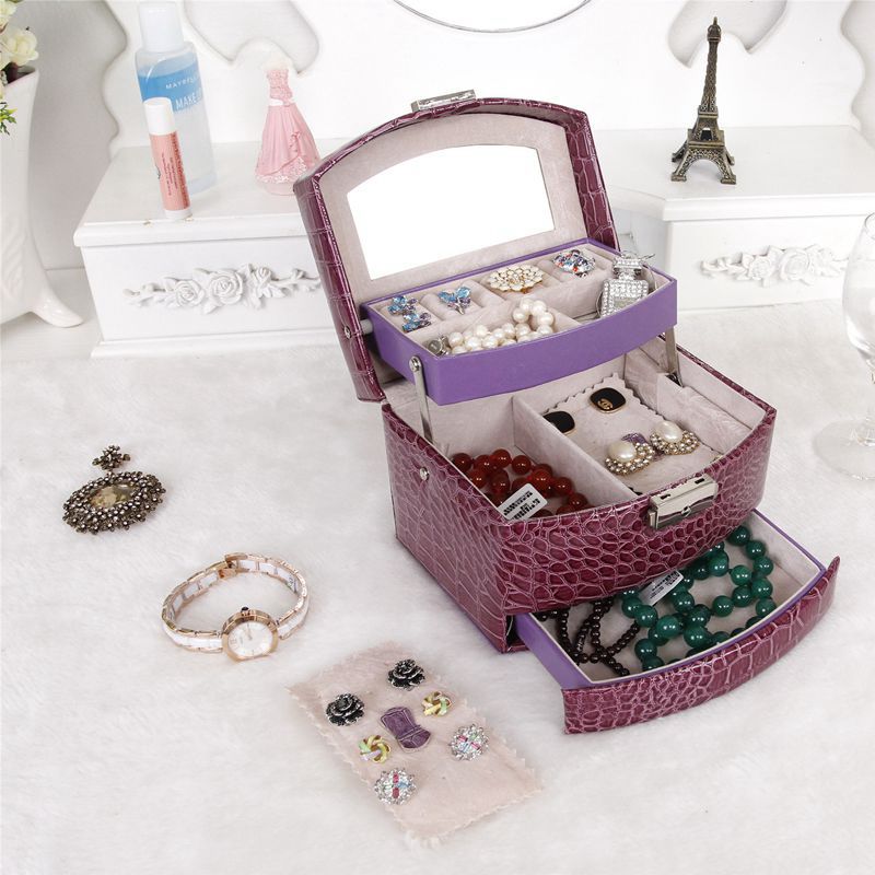 Automatisk læder smykkeskrin trelags opbevaringsboks til kvinder øreringe ring kosmetisk organisator kiste til dekorationer lilla