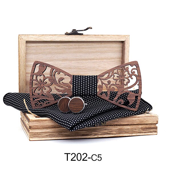 Herr 4 st trä fluga set herr näsduk trä fluga manschettknappar slips siden slipsar för företag bröllopsfest hombre: T202-c5