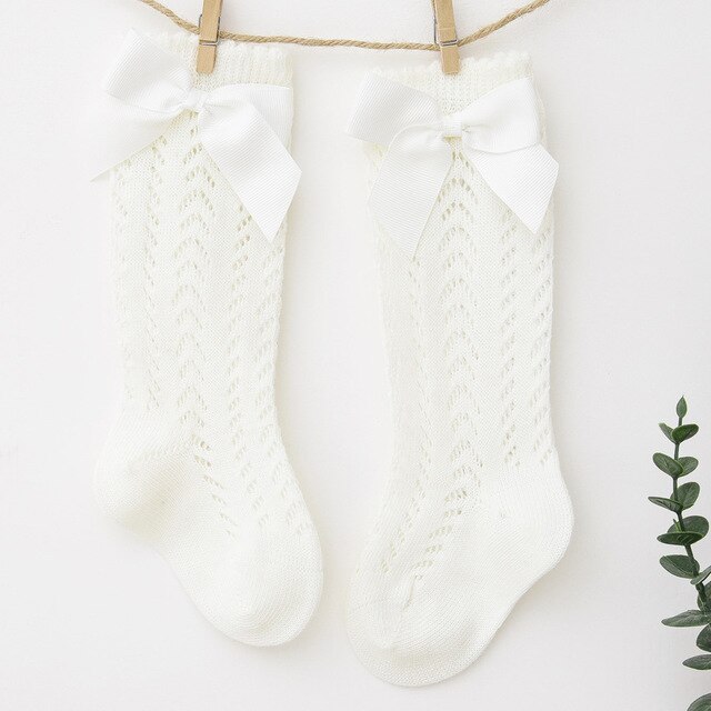 Calcetines de algodón con lazo grande para niñas, medias cómodas con agujeros, hasta la rodilla, de 0 a 5 años