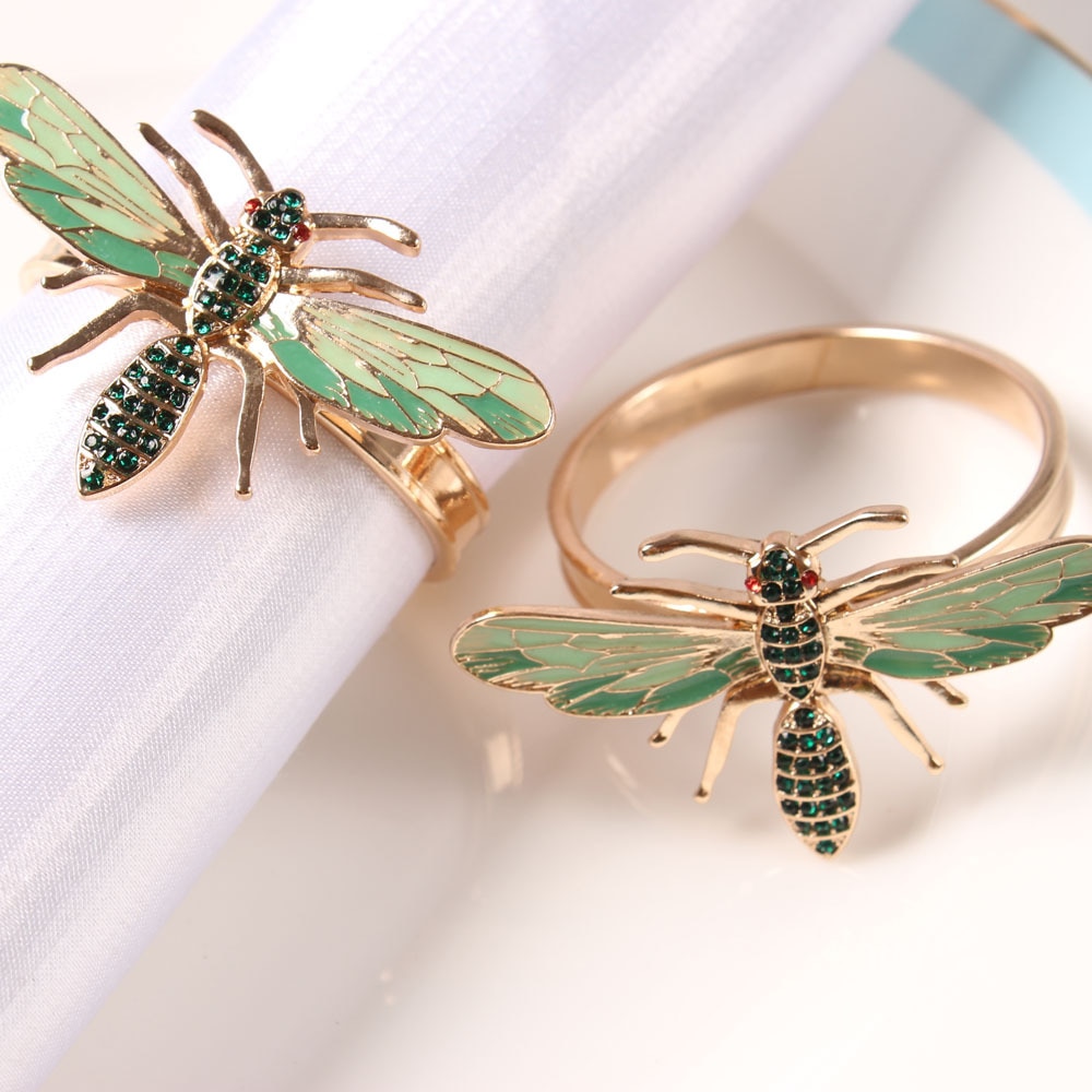 6Pcs De Bee Servet Gesp Servet Ring Alloy Groen Insect Dragonfly Drip Diamant Gesp Papieren Handdoeken,